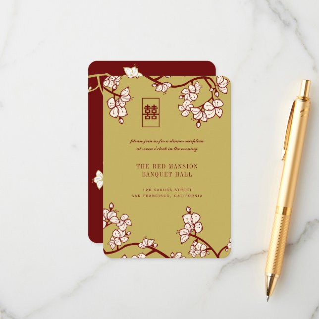 Carte D'accompagnement Pêche/Fleurs de prune Rouge Double Accueil Bonheur (Devant/Arrière en situation)