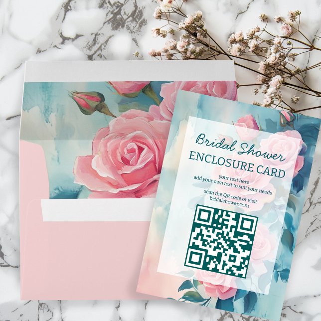 Carte D'accompagnement Peinture de roses roses Baby Shower QR Code person (Pink Roses Painting Bridal Shower CUSTOM QR Code Enclosure Card
)