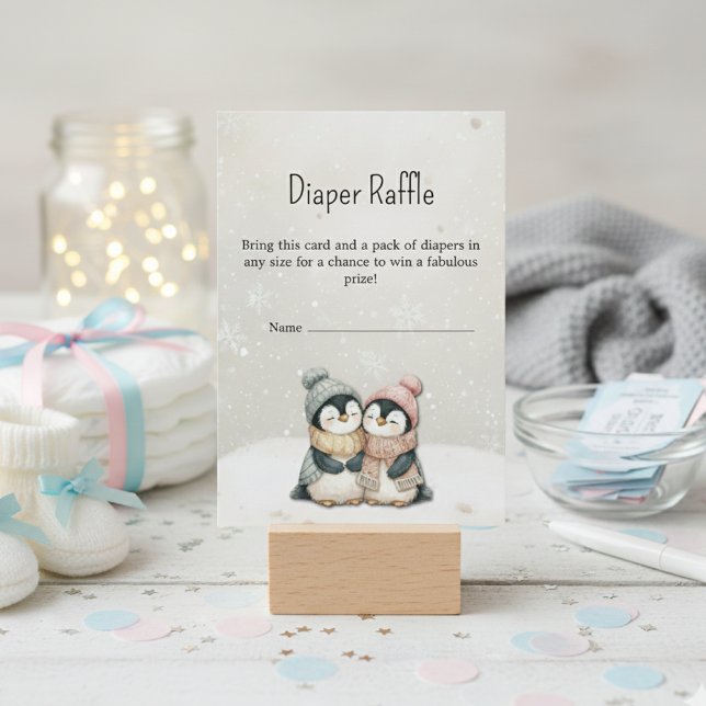 Carte D'accompagnement ​Penguin winter twin baby shower Diaper Raffle   (Créateur téléchargé)