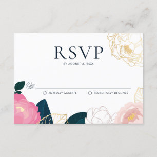 Carte D'accompagnement Peonies rose moderne Mariage à huile or RSVP