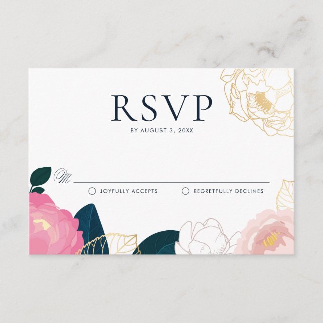 Carte D'accompagnement Peonies rose moderne Mariage à huile or RSVP (Devant)