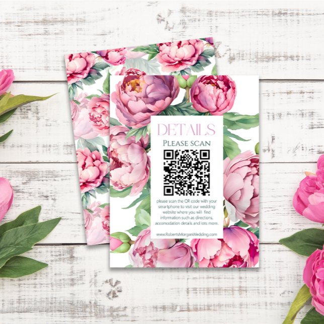 Carte D'accompagnement Peonies roses blanches QR CODE Détails du Mariage (Créateur téléchargé)
