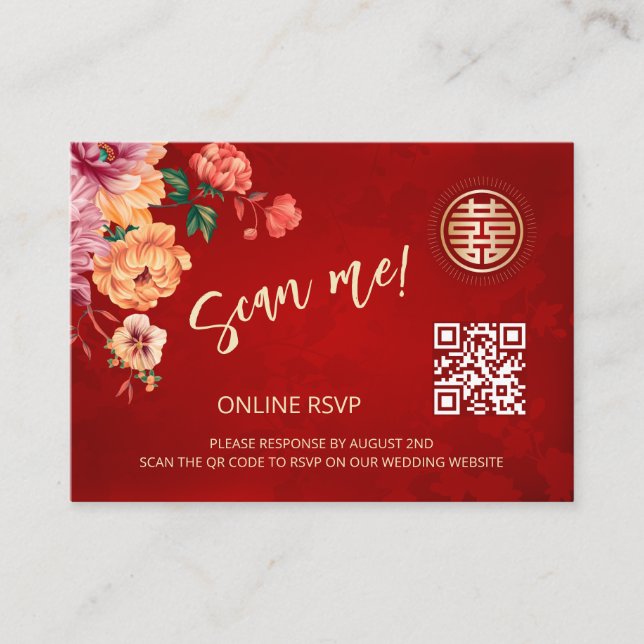 Carte D'accompagnement Peony Chinese Mariage QR Code RSVP Online (Devant)
