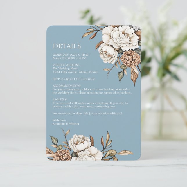 Carte D'accompagnement Peony et Hydrangea Mariage bleu Poudre (Debout devant)