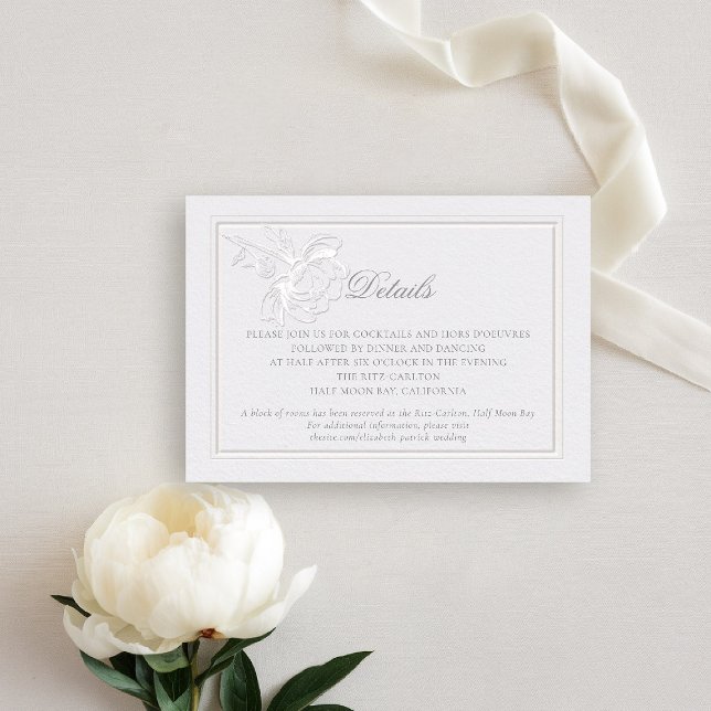 Carte D'accompagnement Peony Modern Formal Élégant ivoire Détails Mariage (peony wedding details card formal modern classic traditional calligraphy double frame faux embossed )