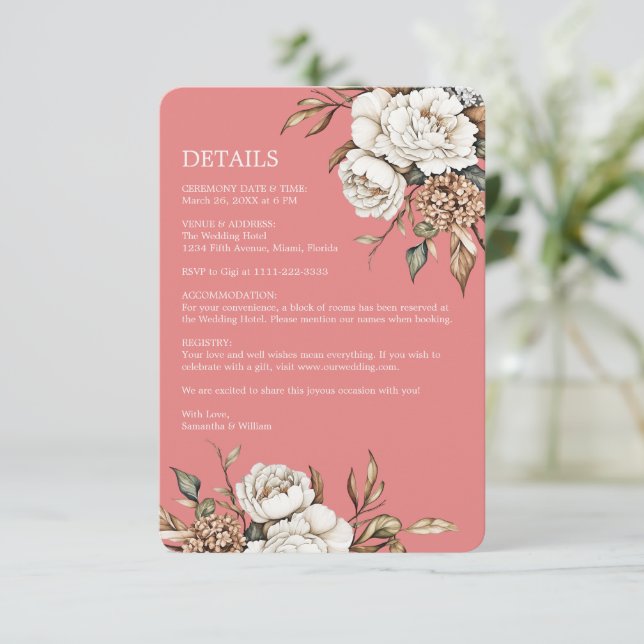 Carte D'accompagnement Peony moderne et Hydrangea Coral Mariage rose (Debout devant)