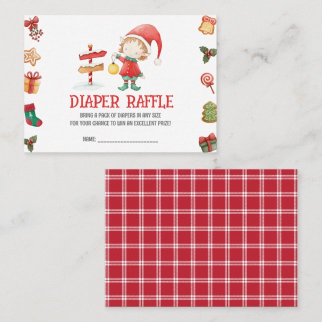 Carte D'accompagnement Père Noël Elf, Baby shower de Noël Déchets Raffle (Devant / Derrière)