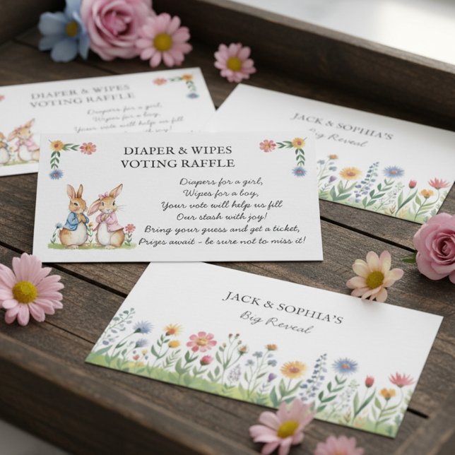 Carte D'accompagnement Peter Rabbit Diaper and Wipes Raffle Guessing Game (Peter Rabbit storybook themed gender reveal diaper & wipes voting raffle cards)