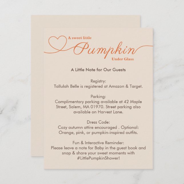 Carte D'accompagnement Petit Baby shower Citrouille - Automne Chic (Devant / Derrière)