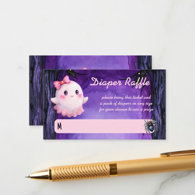 Carte D'accompagnement Petit boo Halloween rose joli fantôme tombole (Devant/Arrière en situation)