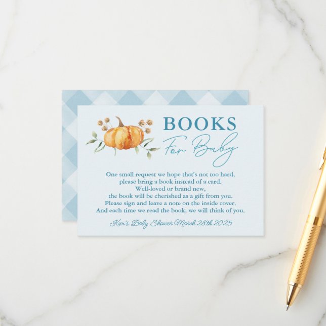 Carte D'accompagnement Petit Citrouille Boy Baby shower Livres pour bébé (Devant/Arrière en situation)