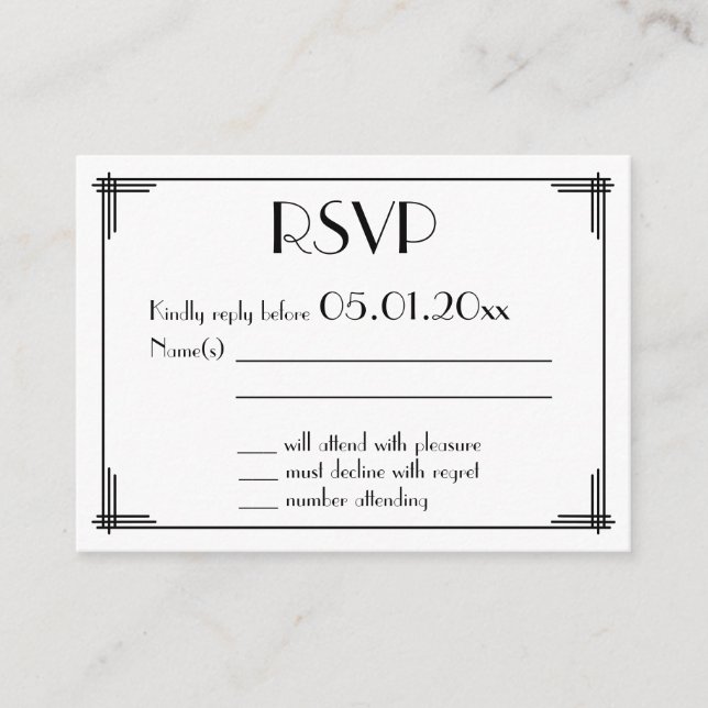 Carte D'accompagnement Petit Noir Grand Gatsby Art Déco Mariage RSVP (Devant)
