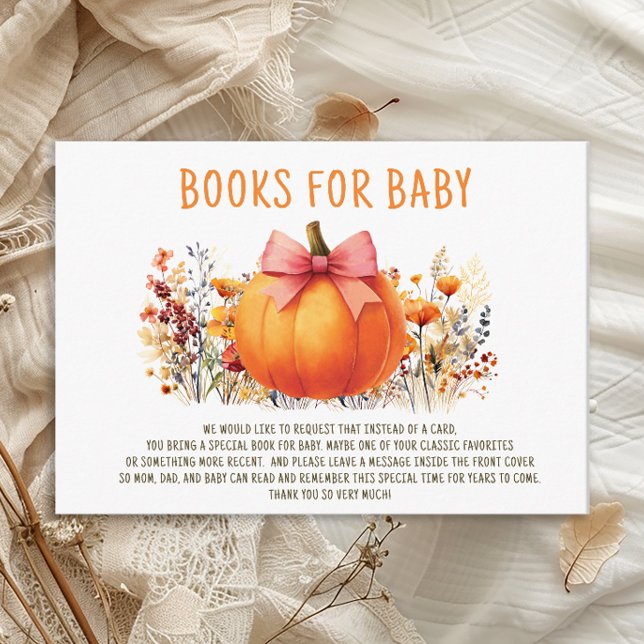 Carte D'accompagnement Petite Citrouille Fleurs d'automne Filles Livres p (Little Pumpkin baby girl shower "Books for Baby" card)
