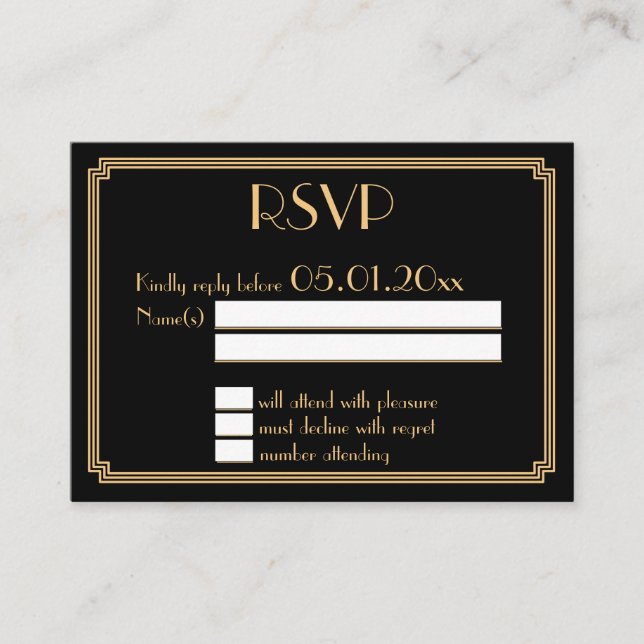 Carte D'accompagnement Petite Gatsby Art Déco Noir Mariage RSVP (Devant)