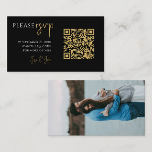 Carte D'accompagnement Photo complète, code QR or noir mariage RSVP