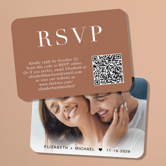 Carte D'accompagnement Photo élégante QR Code Mariage en terre cuite RSVP (Créateur téléchargé)