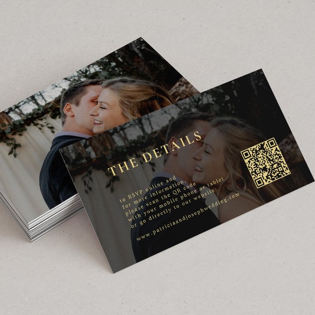 Carte D'accompagnement Photo moderne or noir détails mariage QR code (Créateur téléchargé)