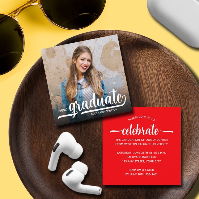 Carte D'accompagnement Photo moderne Red Graduation Party (SMALL 2.5" SQUARE graduation invitations are perfect to enclose with announcements or to hand out.)