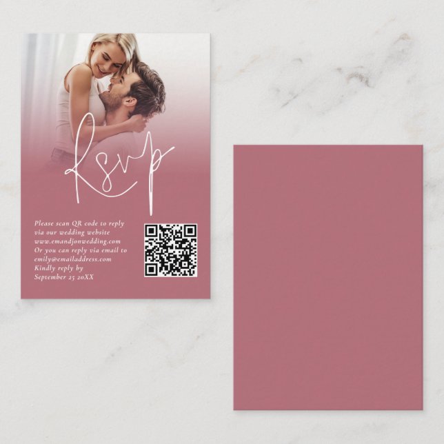Carte D'accompagnement Photo Overlay QR Rose Gold Script Wedding RSVP (Devant / Derrière)