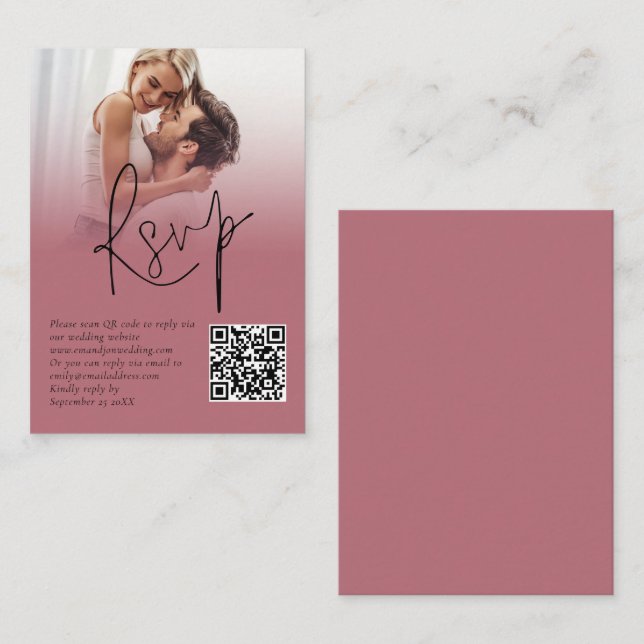Carte D'accompagnement Photo Overlay Script QR Rose Gold Wedding RSVP (Devant / Derrière)