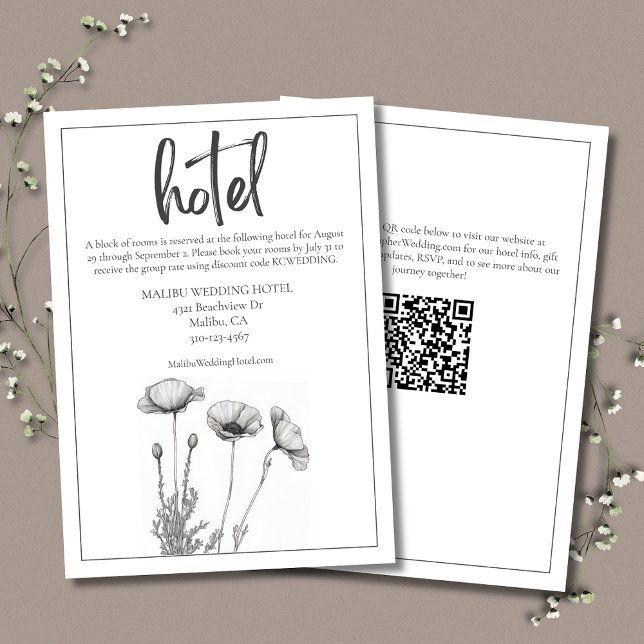 Carte D'accompagnement Photos Blanches Floral Elégant Mariage Hotel (White Poppies Wedding Hotel Details Enclosure Card, simple and elegant with modern typography.)
