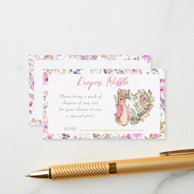 Carte D'accompagnement Pierre le lapin rose Floral Baby shower fille (Devant/Arrière en situation)