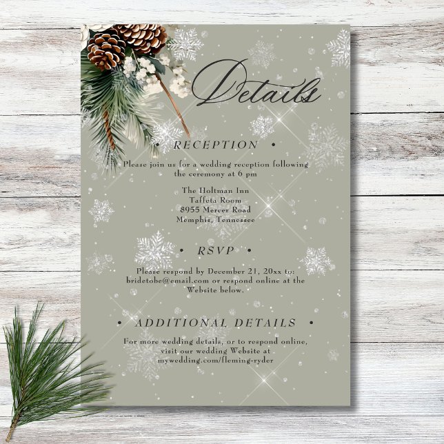 Carte D'accompagnement Pin Russe à neige et Mariage Floral Blanc (Rustic Snowfall Pine & White Floral Sage Wedding Enclosure Card)