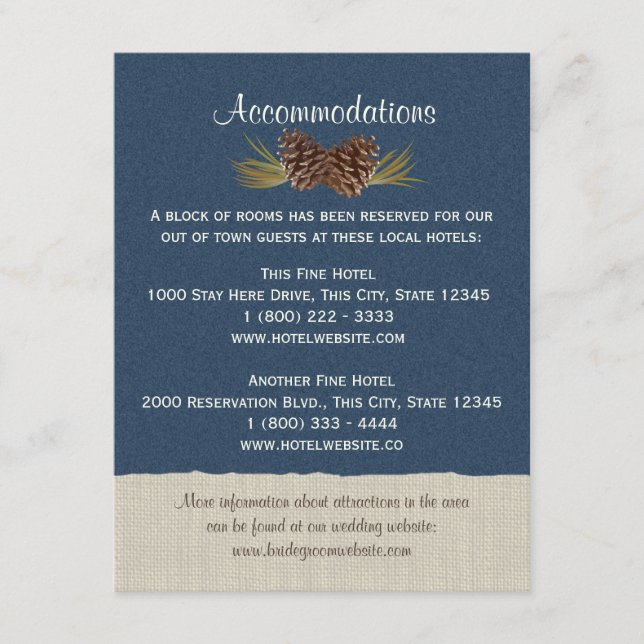 Carte D'accompagnement Pine Cones et Burlap Info Card Marine Blue (Devant)