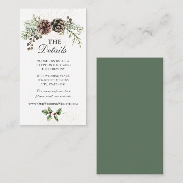 Carte D'accompagnement Pine Cônes Verdure Mariage d'hiver (Devant / Derrière)