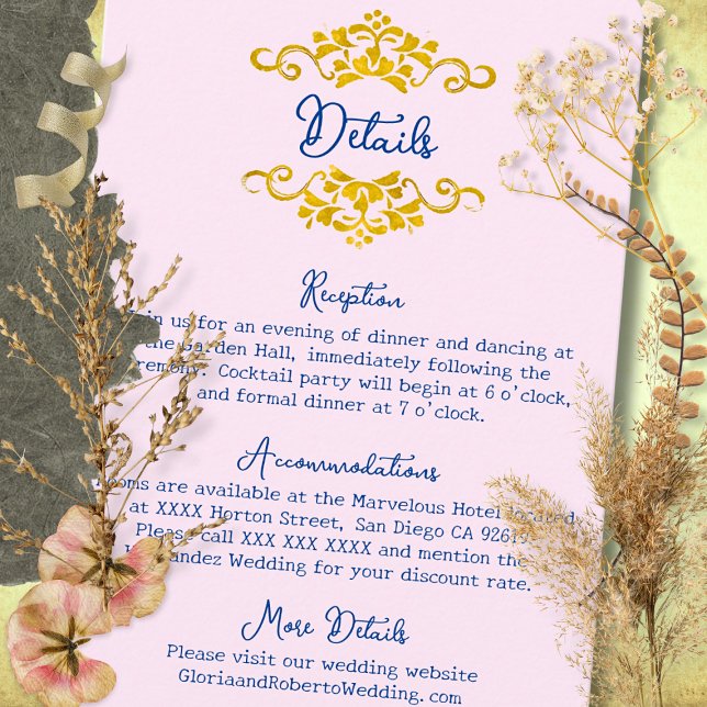 Carte D'accompagnement Pink Baroque Floral Heart Mexican Wedding (Elegant pink Baroque enclosure with golden scrolls and blue script — timeless and romantic design.)