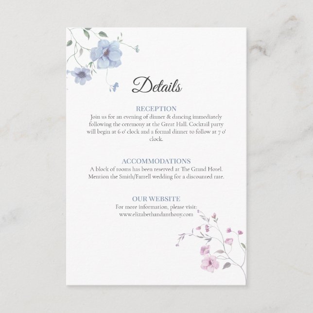 Carte D'accompagnement Pink & Blue Whimsical Floral Wedding Details Enclo (Devant)