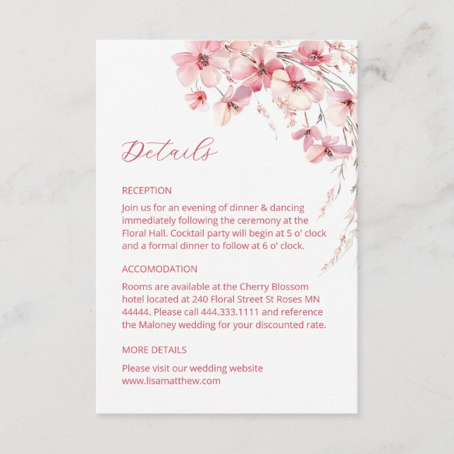 Carte D'accompagnement Pink Boho Wildflowers Details Enclosure Card (Devant)