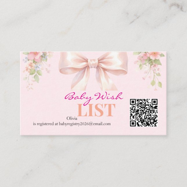 Carte D'accompagnement Pink Bow Coquette Floral Baby Registry QR Code (Devant)