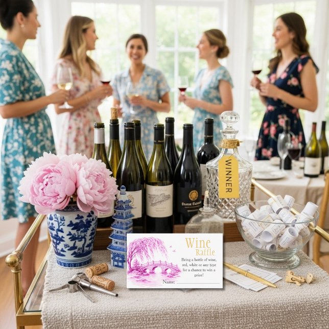 Carte D'accompagnement Pink Chinoiserie Bridge Wine Raffle Bridal Shower  (Pink Chinoiserie Bridge Wine Raffle Bridal Shower Enclosure Card)