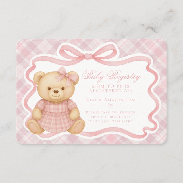 Carte D'accompagnement Pink Coquette Bow Bear Plaid Baby Registry Card (Devant)