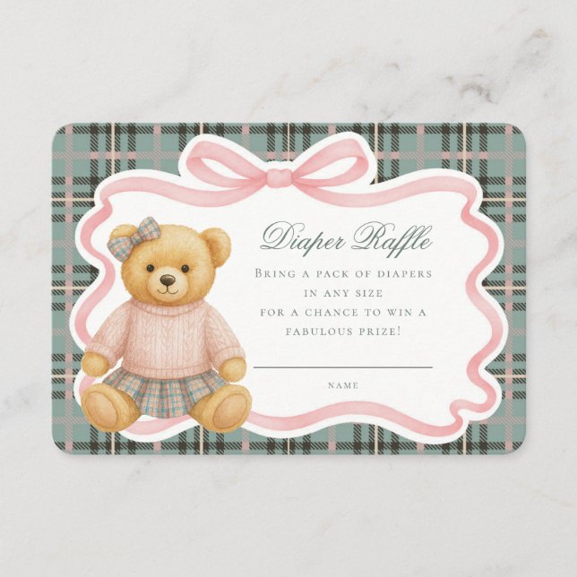 Carte D'accompagnement Pink Coquette Bow Bear Tartan Diaper Raffle Card (Devant)