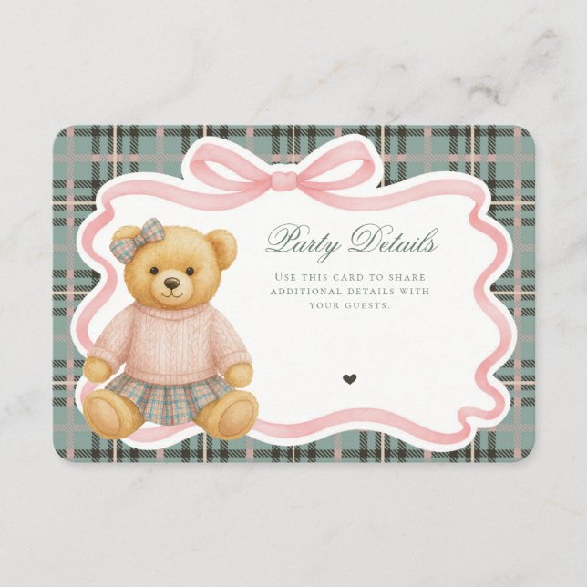 Carte D'accompagnement Pink Coquette Bow Bear Tartan Plaid Details Card (Devant)