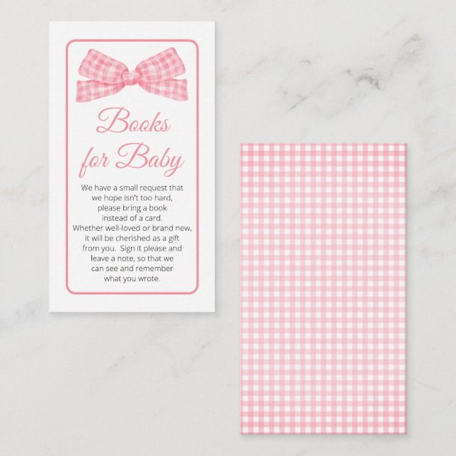 Carte D'accompagnement Pink En vichy vérifier Bow Baby shower Livres pour (Devant / Derrière)