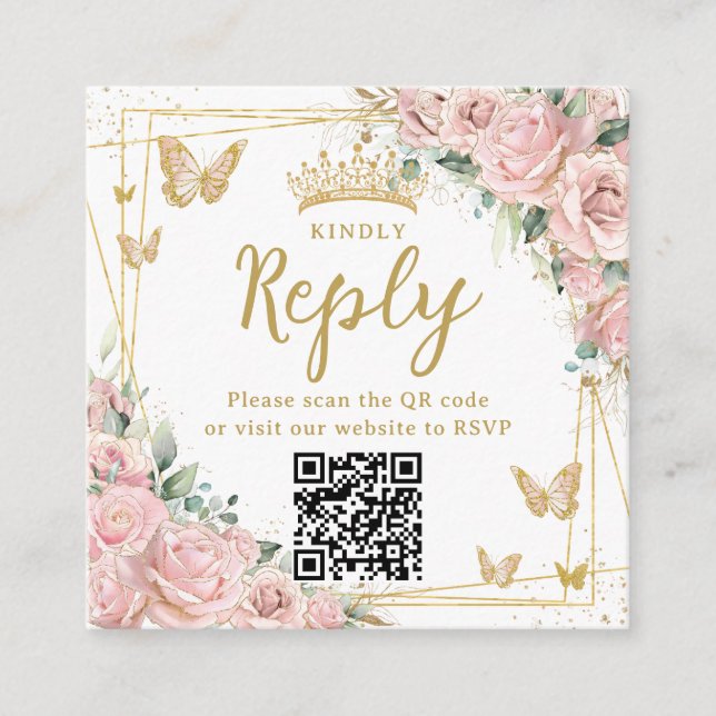 Carte D'accompagnement Pink Floral Butterflies Quinceanera RSVP QR Code (Devant)