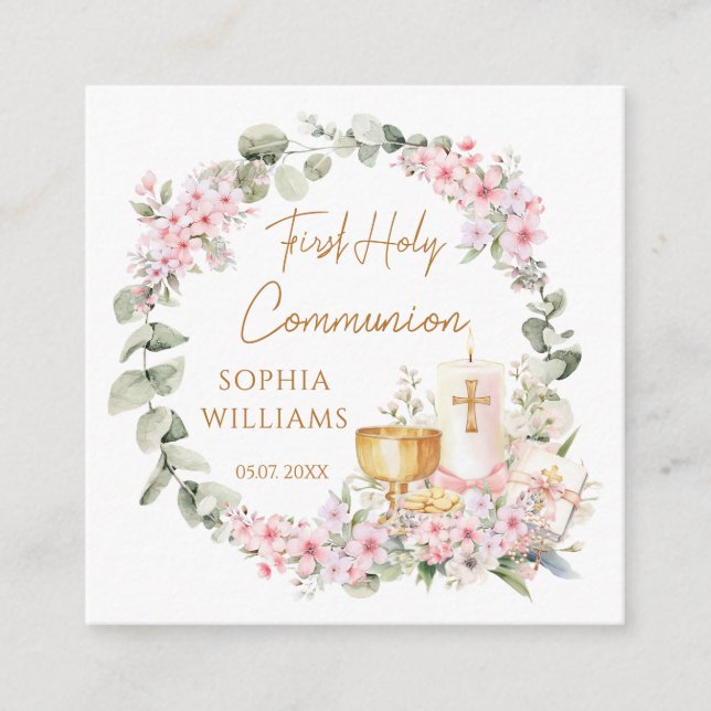 Carte D'accompagnement Pink Floral Chalice Candle First Holy Communion  (Devant)