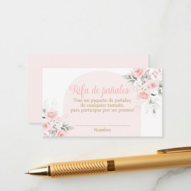 Carte D'accompagnement Pink Floral Espagnol Déchets Raffle Baby shower fi (Devant/Arrière en situation)
