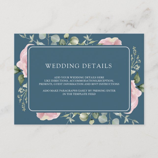 Carte D'accompagnement Pink Floral Eucalyptus Dusty Blue Wedding Details (Devant)