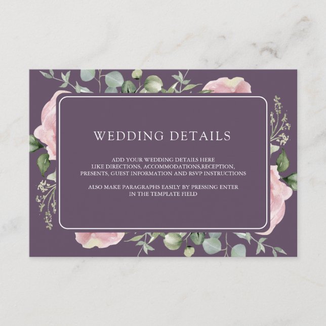 Carte D'accompagnement Pink Floral Eucalyptus Dusty Purple Wedding Detail (Devant)