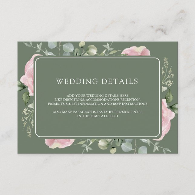 Carte D'accompagnement Pink Floral Eucalyptus Sage Green Wedding Details (Devant)