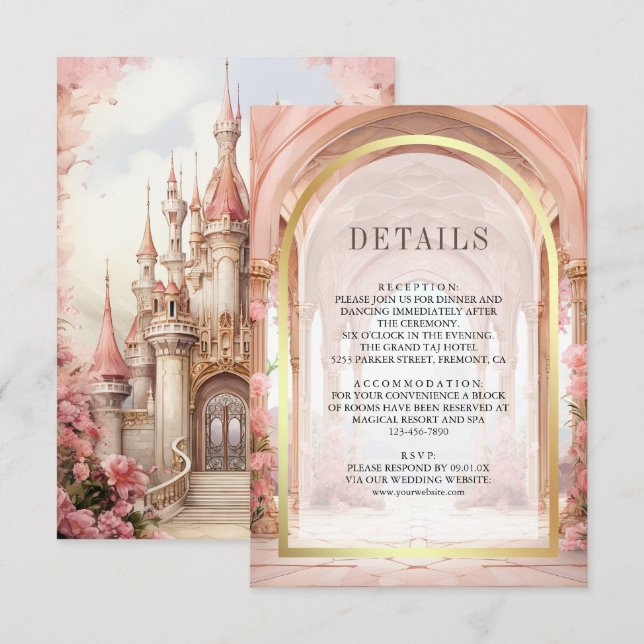 Carte D'accompagnement Pink Floral Fairytale Castle Wedding Details (Devant / Derrière)