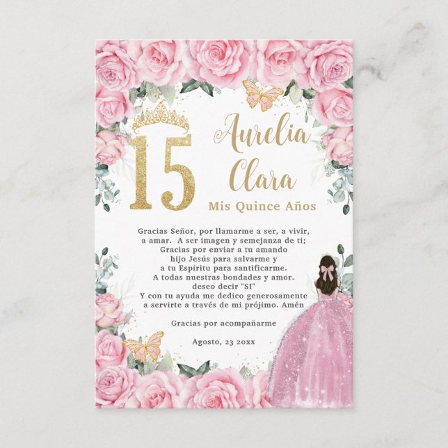 Carte D'accompagnement Pink Floral Gold Quinceañera Quince 15 Prayer Card (Devant)