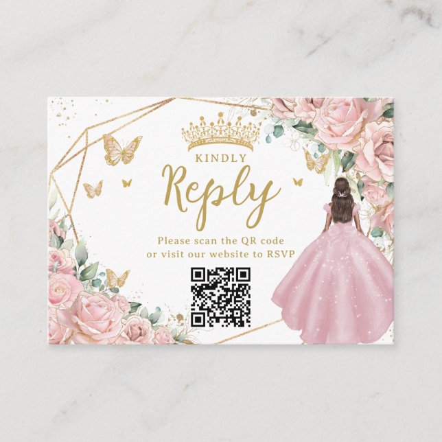 Carte D'accompagnement Pink Floral Princess Quinceanera RSVP QR Code (Devant)