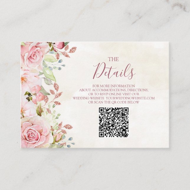 Carte D'accompagnement Pink Floral Spring Wedding QR code Details Insert (Devant)