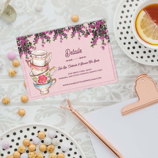 Carte D'accompagnement Pink Floral Stacked Teacups Bridal Shower Details (Pink Floral Stacked Teacups Bridal Shower Details Enclosure Card)