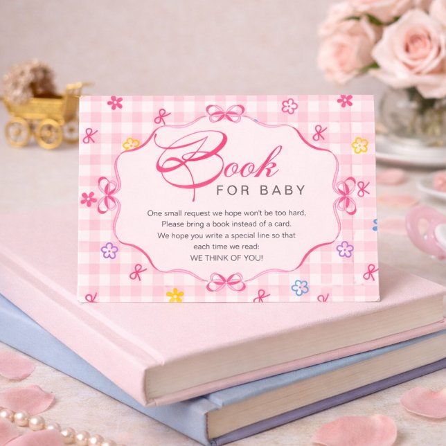 Carte D'accompagnement Pink Gingham Floral Bow Book for Baby Insert Card (Créateur téléchargé)